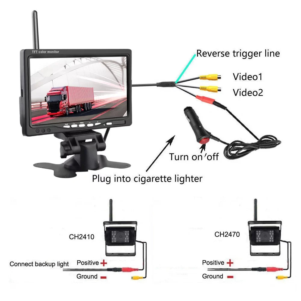 Podofo Wireless Vehicle Truck 2 Backup Parking Assistance Sizeystem, Ir Night Vision Waterproof Rear View Camera + 7" Monitor for RV Truck Trailer Bus