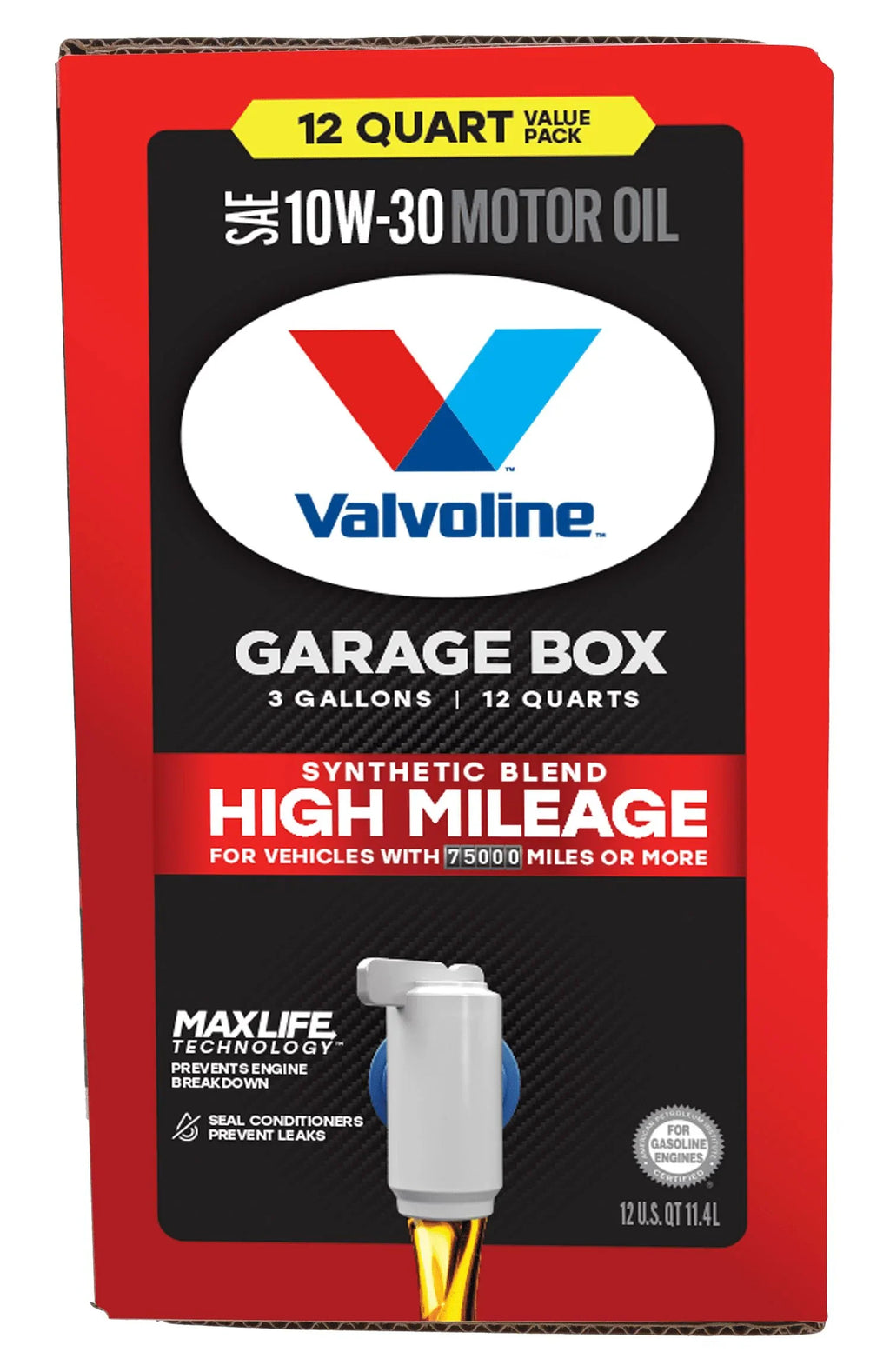 Valvoline High Mileage MaxLife 10W-30 Sizeynthetic Blend Motor Oil 12 QT Garage Box