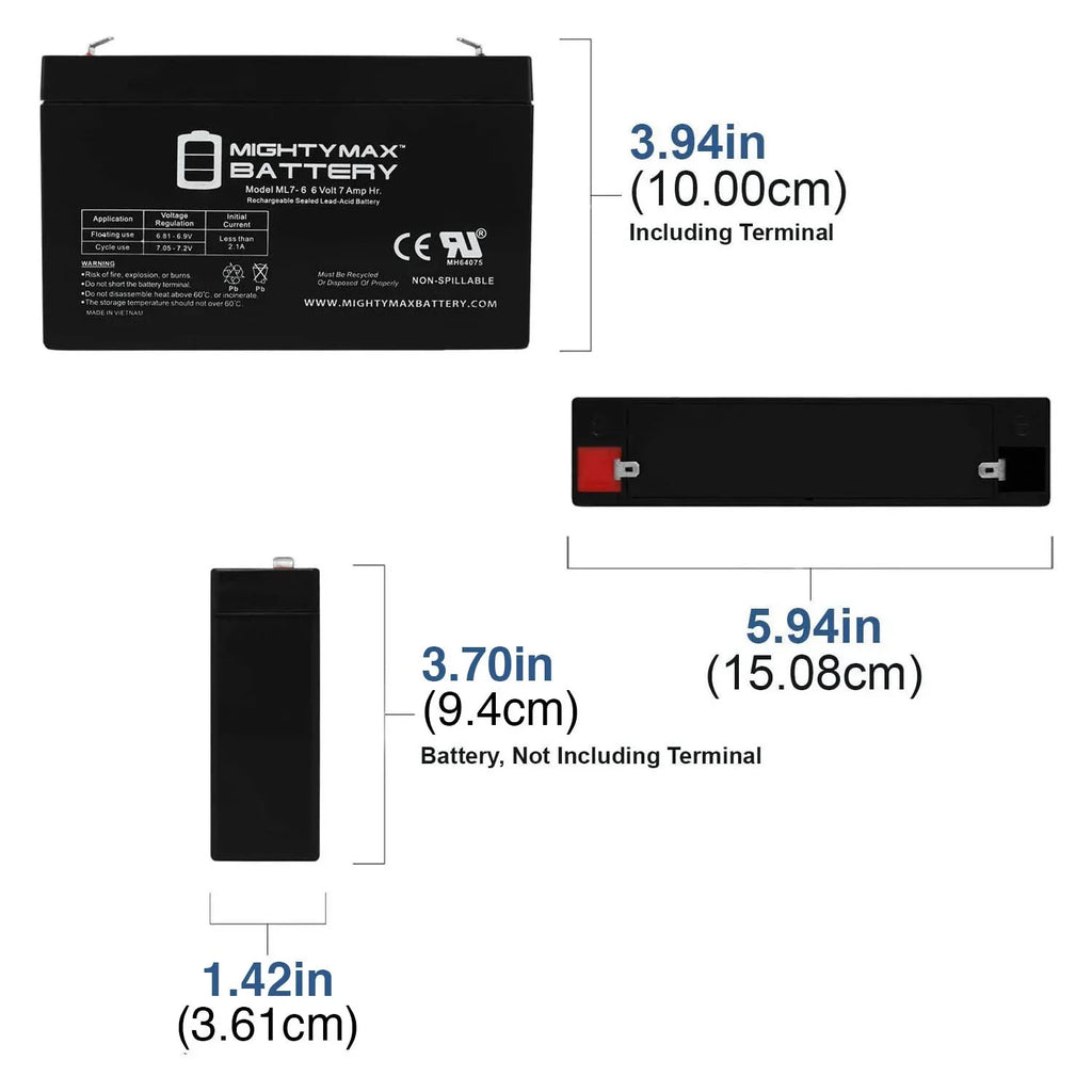 6V 7Ah SizeLA Battery for Mini Motos F1 Go-Kart 12v MM-GB81A - 2 Pack