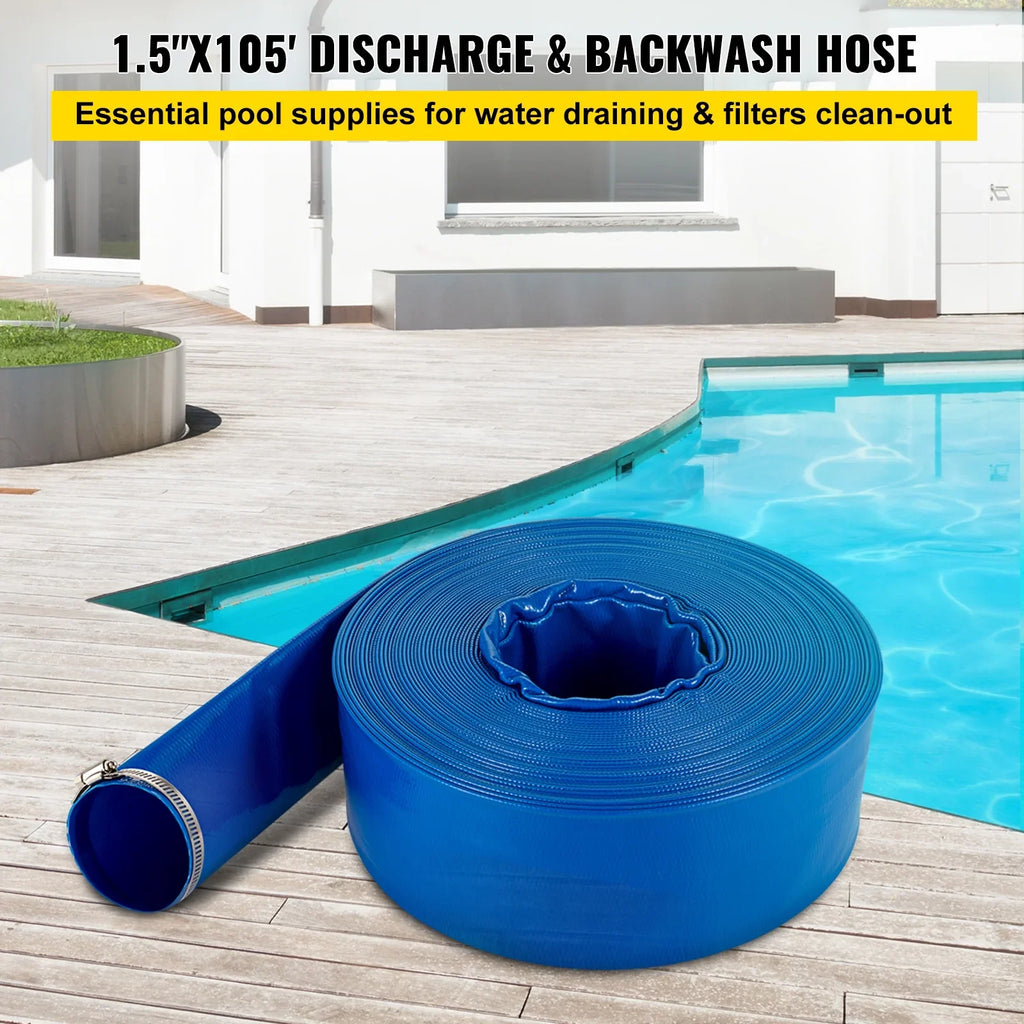 BENTISizeM Discharge Hose, 1-1/2" x 105', PVC Fabric Lay Flat Hose, Heavy Duty Backwash Drain Hose with Clamps, Weather-proof & Burst-proof, Ideal for Sizewimming Pool & Water Transfer