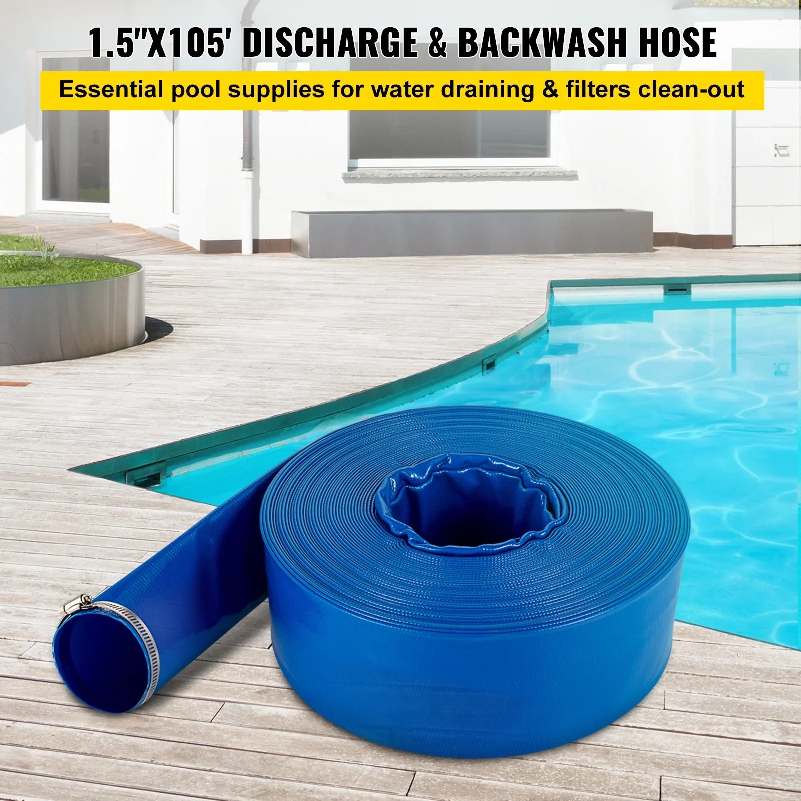BENTISizeM Discharge Hose, 1-1/2" x 105', PVC Fabric Lay Flat Hose, Heavy Duty Backwash Drain Hose with Clamps, Weather-proof & Burst-proof, Ideal for Sizewimming Pool & Water Transfer