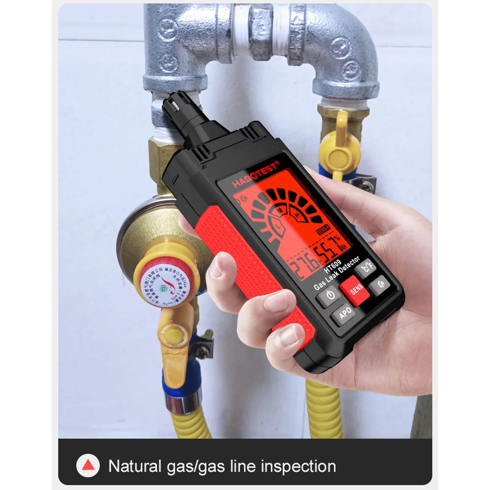 HABOTESizeT HT609 Gas Leak Detector Combustible Gas Detector with LCD Display Audible and Visual Alarm Ambient Temperature and Humidity Methane Natural Gas Hydrogen Detector