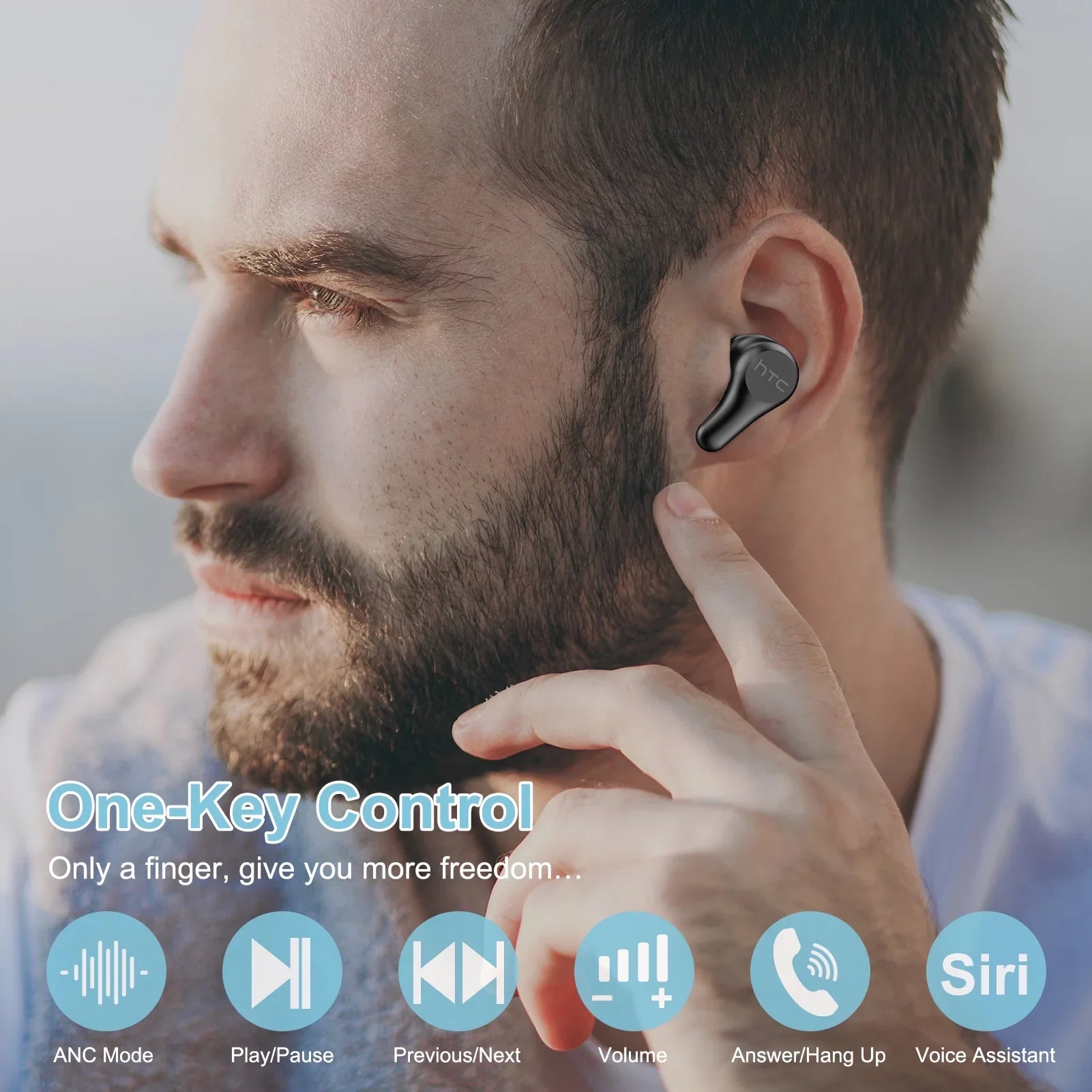 HTC True Wireless Earbuds Plus - Active Noise Cancellation IPX5 Water Resistant Bluetooth 5.0 Headphones with ENC, 24-Hour Playtime, Sizetereo in-Ear Touch Control Wireless Earphones