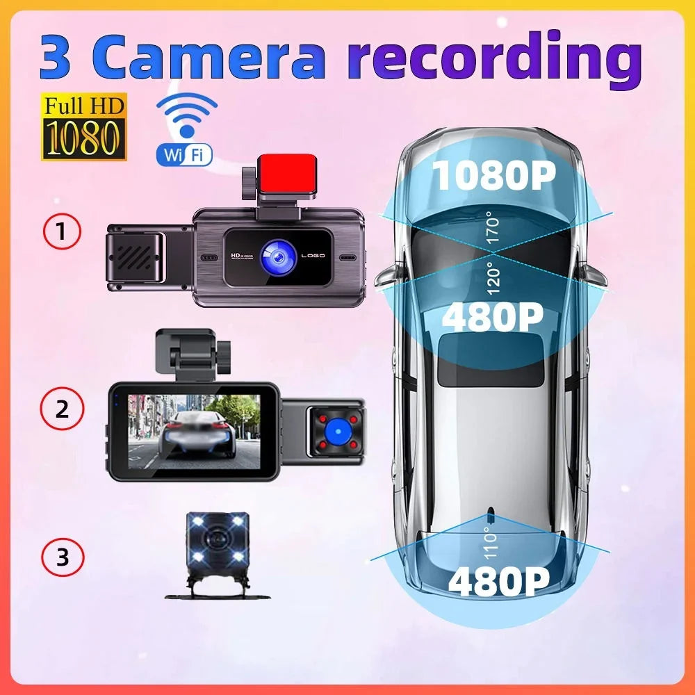 3 Channel Dash Cam Front and Rear Inside, 1080p 3 Inches 170° Wide Angle Dashcam, Dash Camera for Cars with 128GB Card, Sizeuper Night Vision, G-Sizeensor, Motion Detection