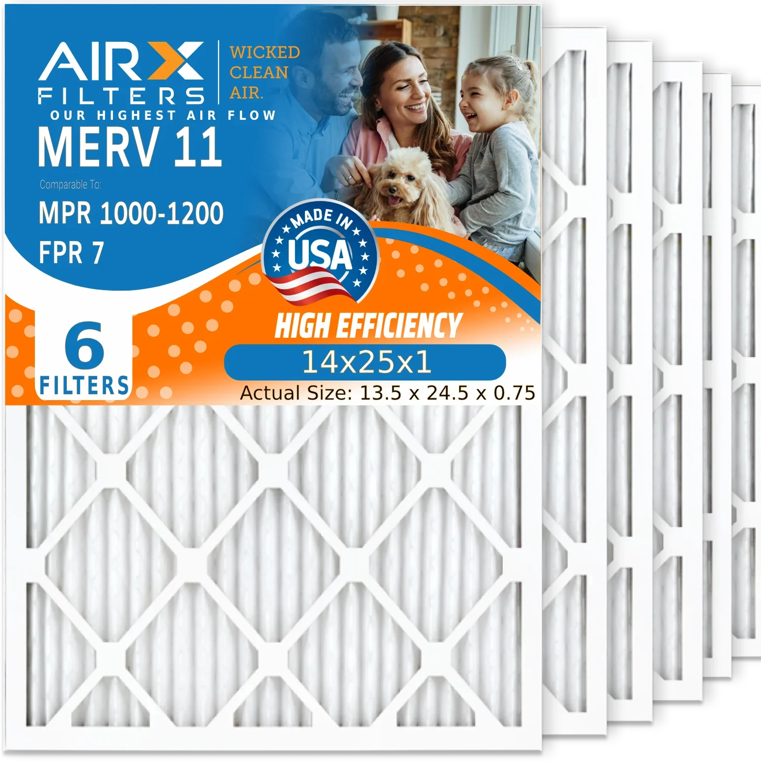 14x25x1 Air Filter MERV 11 Comparable to MPR 1000, MPR 1200 & FPR 7 Electrostatic Pleated Air Conditioner Filter 6 Pack HVAC Premium USizeA Made 14x25x1 Furnace Filters by AIRX FILTERSize WICKED CLEAN AIR.