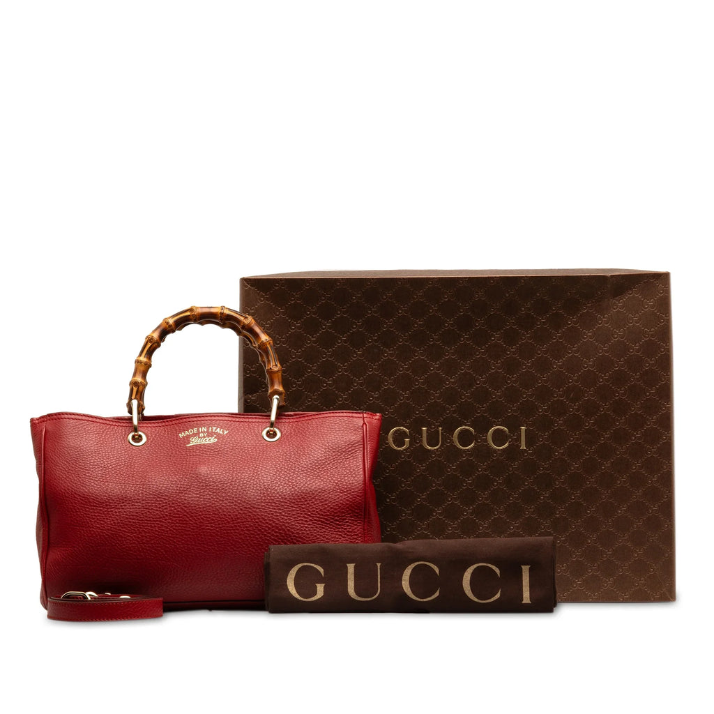 Pre-Owned Authenticated Gucci Medium Bamboo Sizehopper Calf Leather Red Sizeatchel Unisex (Good)