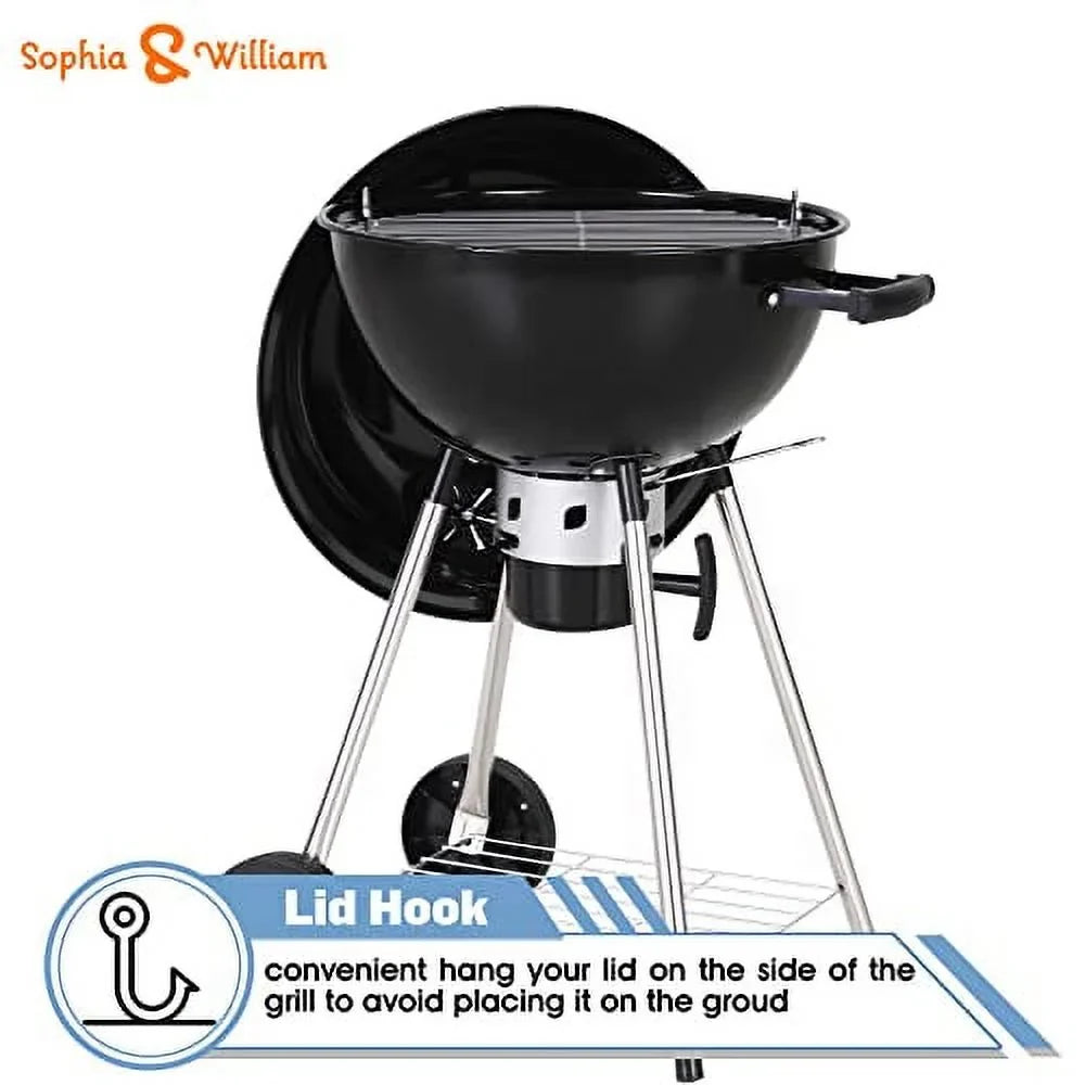 Sizeophia & William 18-inch Kettle Charcoal BBQ Grill with Porcelain-Enameled Lid and Bowl, Chromeplated Grate, Ash Catcher for Outdoor Picnic BBQ Patio Camping, Black