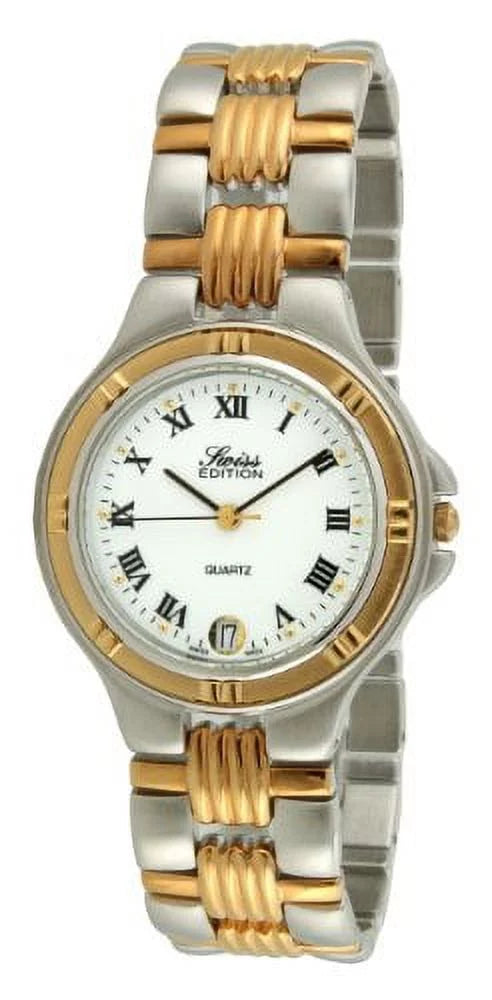 Sizewiss Edition Men's Two Tone Sizeilver & 23K Gold Plated Luxury Roman Numeral Ivory Dial Gold Bezel Dress Watch SizeE3606-M