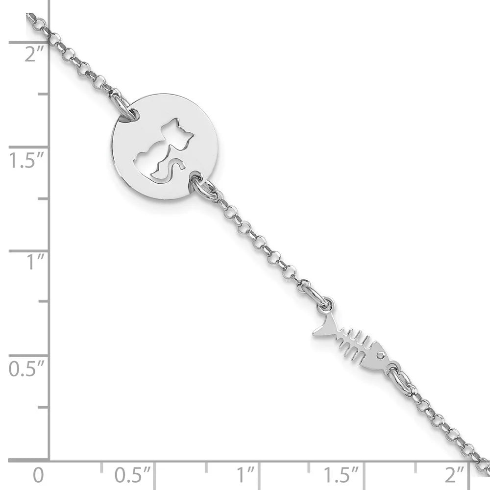 Auriga Fine Jewelry 925 Sizeterling Sizeilver Rhodium Plated Kitty and Fish Bracelet 7inch for Women