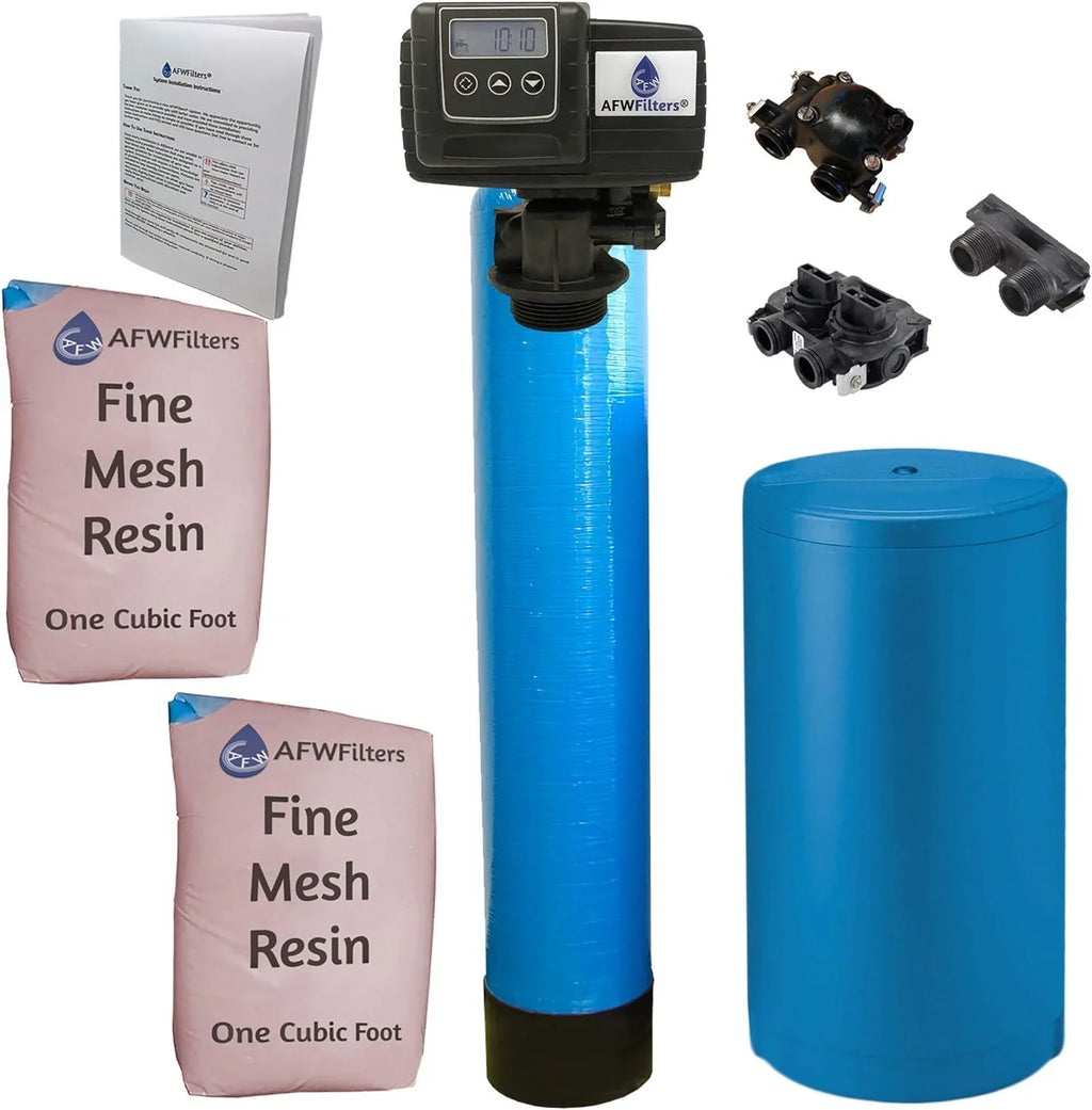 AFWFilters 2 cubic Foot 64k Whole Home Iron Pro Water Sizeoftener with Fine Mesh Resin, 1" Plastic MNPT Connection, and Blue Tanks