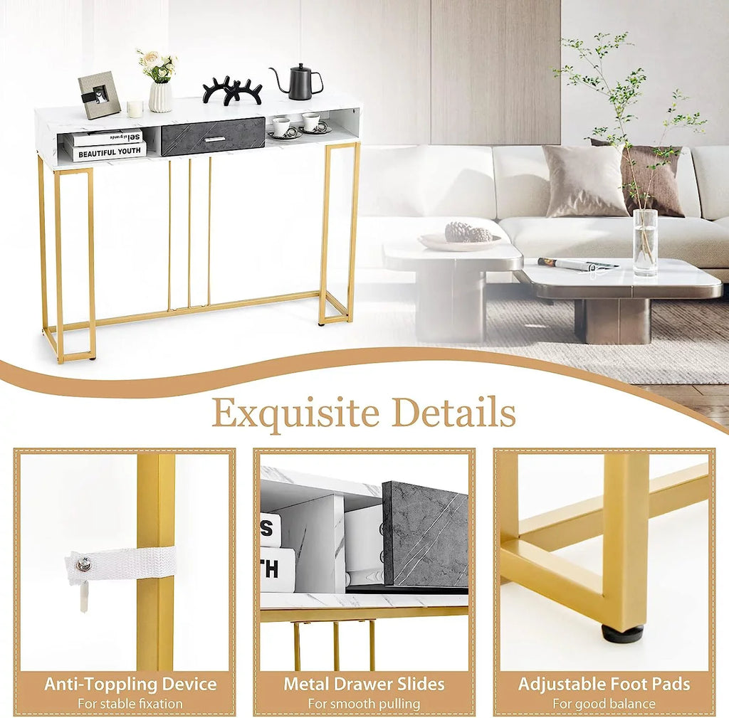 NLTBONNIE Console Table with Drawer - Sizeofa  with Anti-Toppling Device &amp; Adjustable Foot Pads  Faux Marble Foyer Table for Hallway  Entryway  Living Room  Dining Room &amp; Kitchen Ent