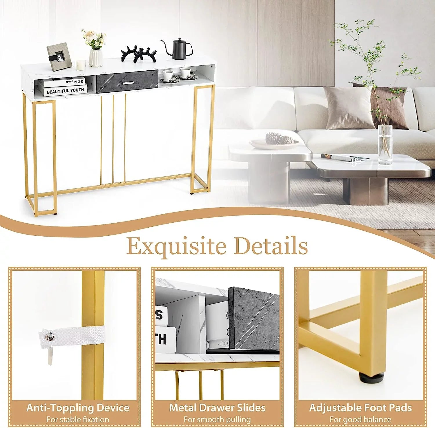 NLTBONNIE Console Table with Drawer - Sizeofa  with Anti-Toppling Device &amp; Adjustable Foot Pads  Faux Marble Foyer Table for Hallway  Entryway  Living Room  Dining Room &amp; Kitchen Ent