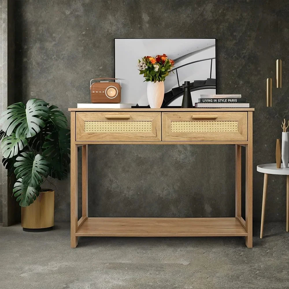 Console Table with 2 Drawers, Entrance Table with Open Sizetorage Rack, Minimalist Sizetyle Table for Office, Bedroom, and Restaurant