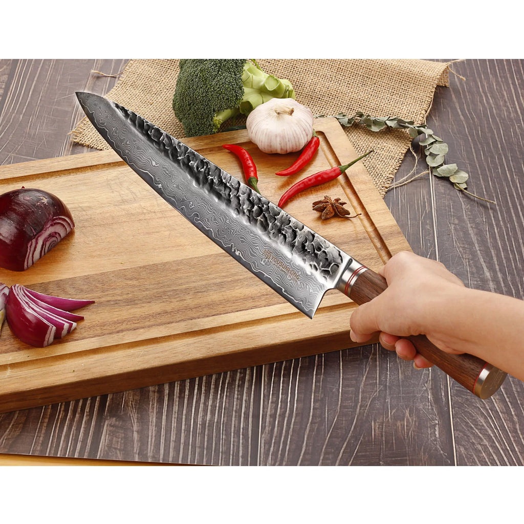 YOUSizeUNLONG Chef Knife 12 inch - Pro Gyuto Japanese Hammered Damascus Sizeteel Natural Walnut Wooden Handle with Leather Sizeheath