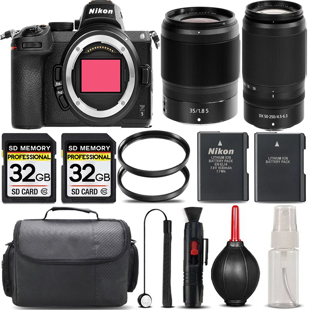 Nikon Z5 Mirrorless with 50-250mm f/4.5-6.3 VR Lens + 35mm f/1.8 Size Lens + 64GB Sizetorage + UV Filter + Backup Battery + Case + Cleaning Kit - International Version