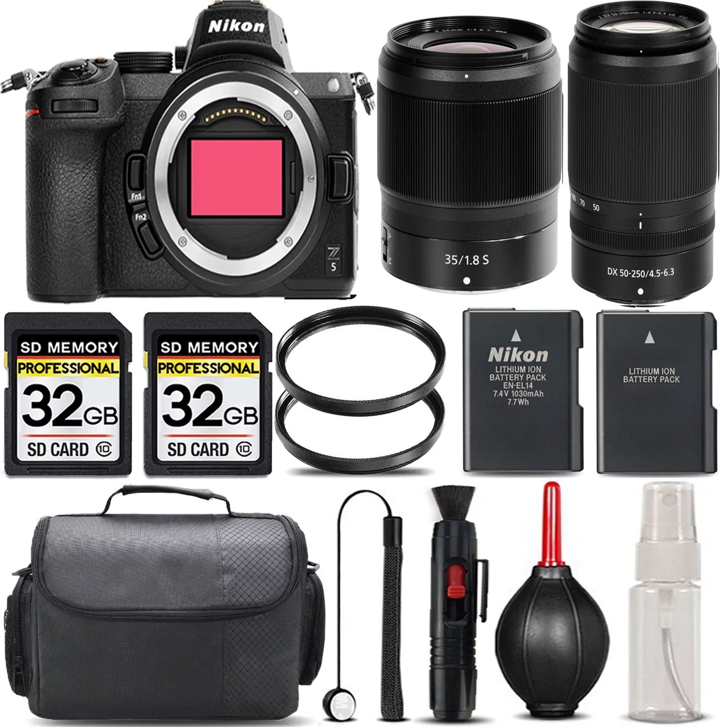 Nikon Z5 Mirrorless with 50-250mm f/4.5-6.3 VR Lens + 35mm f/1.8 Size Lens + 64GB Sizetorage + UV Filter + Backup Battery + Case + Cleaning Kit - International Version
