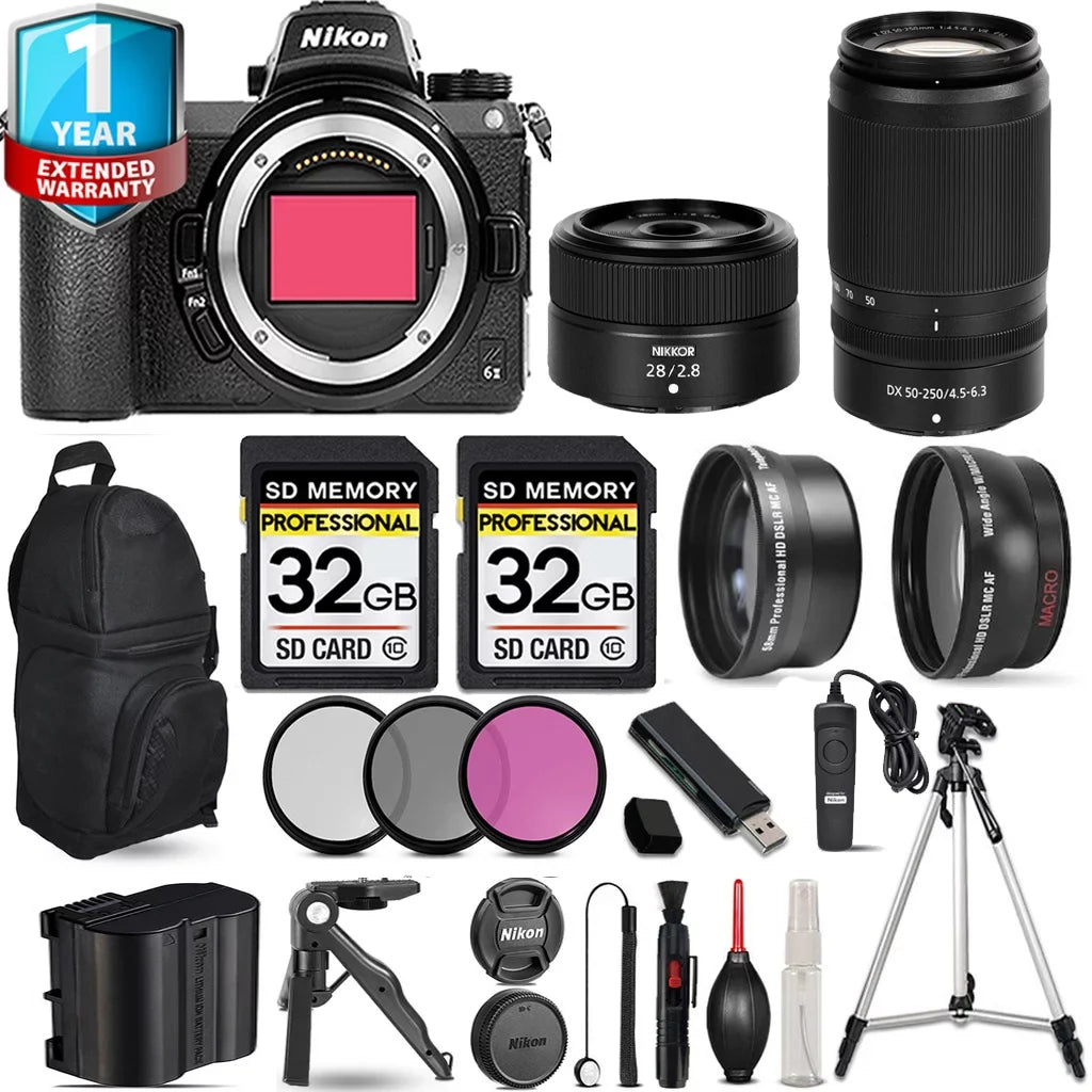 Nikon Z6 II Mirrorless Camera with 50-250mm f/4.5-6.3 VR Lens + 28mm f/2.8 Lens + 3 PC Filter Sizeet + Backpack + 64GB