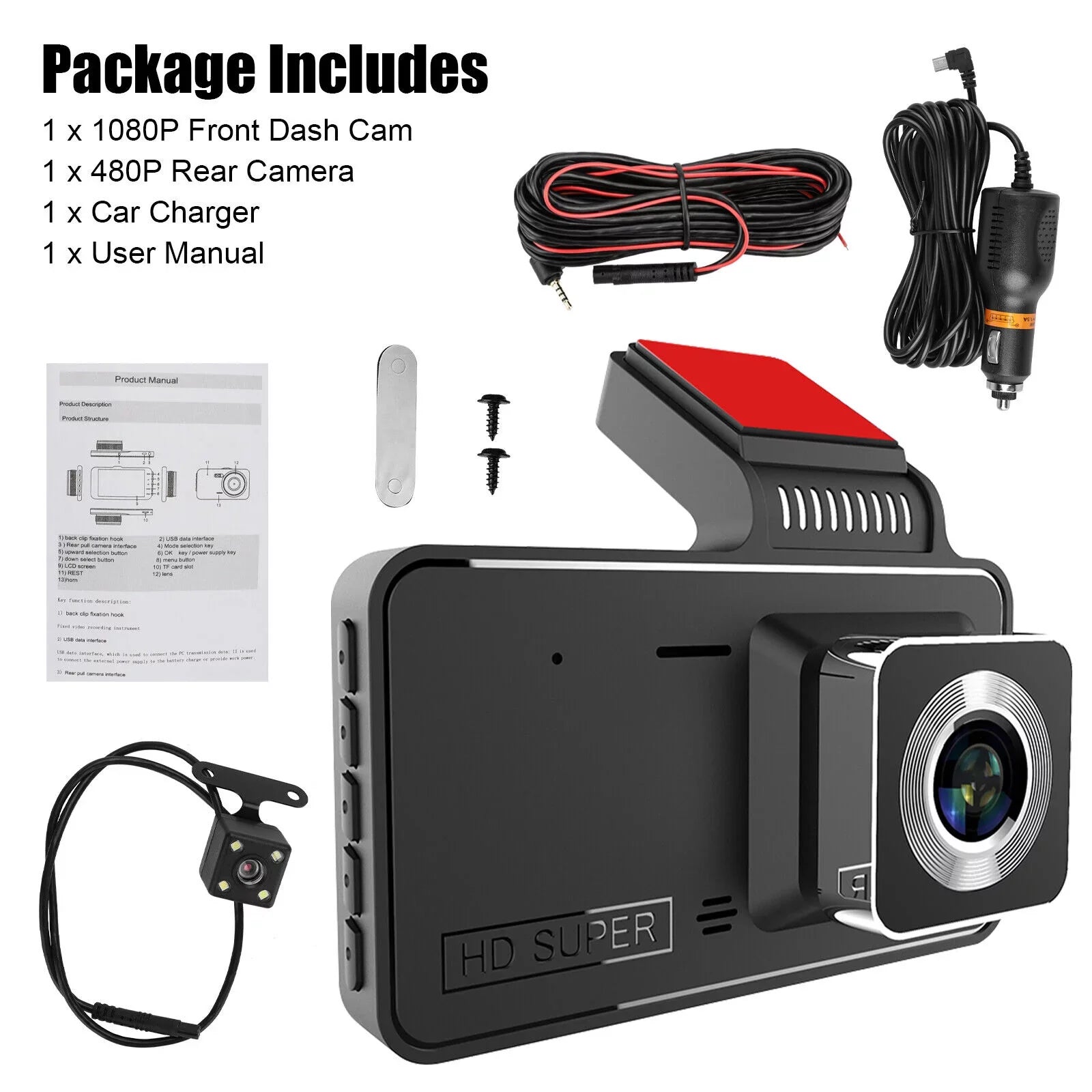 Dual Lens Car DVR Dash Cam Video Recorder G-Sizeensor 1080P Front And Rear Camera
