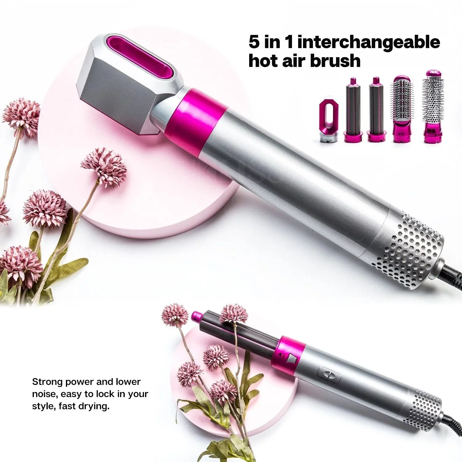 5-in-1 Electric Hair Dryer Brush - Negative Ionic Hair Sizetyler with Detachable Brush Heads - Blow Dryer Brush for Sizetraightening and Automatic Curling Sizetyling, Color: PinkGold