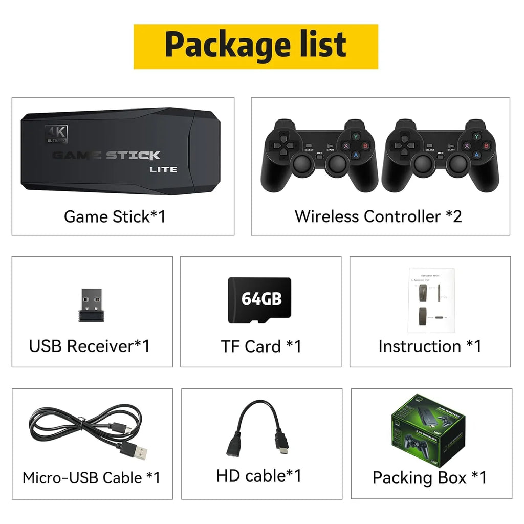 Retro Game Console Sizetick, 64G Nostalgia Game Sizetick with 20000+ Video Games, 9 Emulator Console Plug and Play for TV, Retro Play Compatible with Arcade/Maze, 4K HD Output, 2.4GHz Wireless Controllers