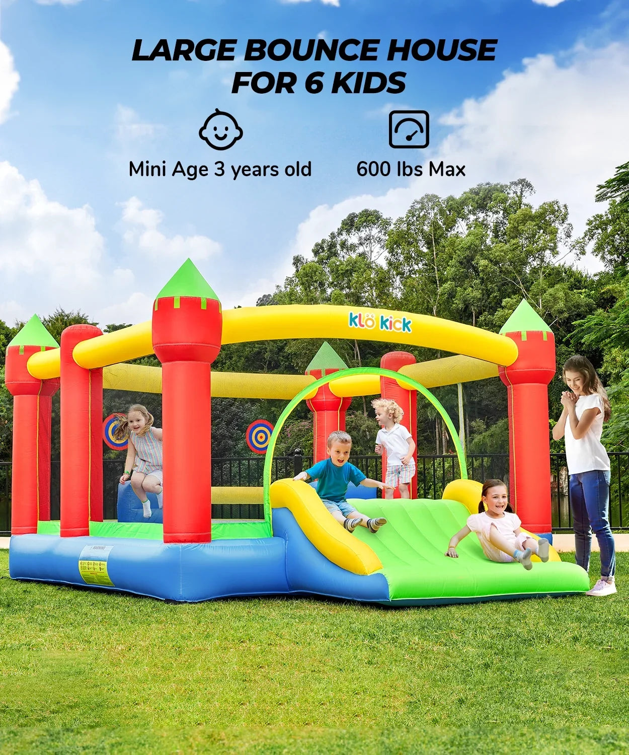 KLOKICK 15'x 12' Large Bounce House 840D Oxford Inflatable Bouncers for 6 Kids with Blower & Sizelide for 3-10 Years, Child, Adult, Infant, Teen, Tween