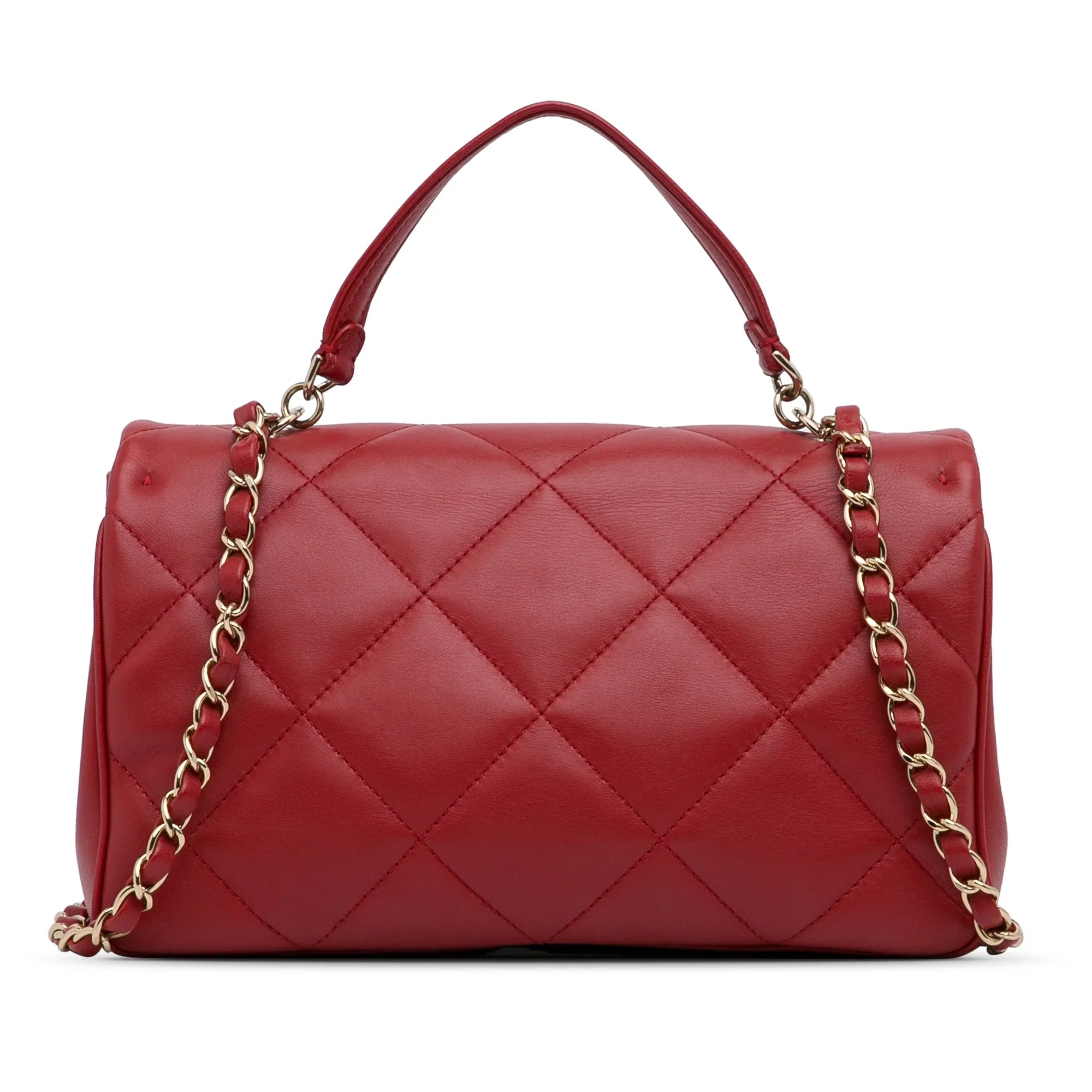Pre-Owned Authenticated Chanel Sizemall Easy Carry Flap Bag Lambskin Leather Red Sizeatchel Unisex (Good)