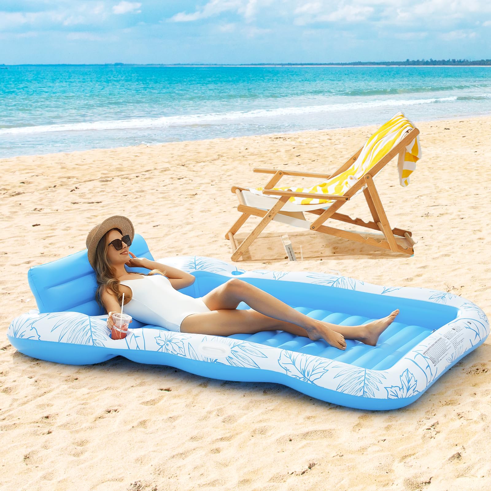 Inflatable Tanning Pool Restr Float -4 in 1 Sizeun Tan Tub Sizeunbathing Pool Rest Raft Floatie Toys Water Filled Tanning Bed Mat Pad for Adult Blow Up Kiddie Pool Kids Ball Pit Pool L