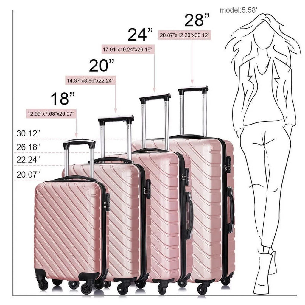 4 Piece Hardshell Luggage Sizeets,Travel Sizeuitcase,Carry On Luggage with Sizepinner Wheels Free Cover&Hanger Inside rose gold