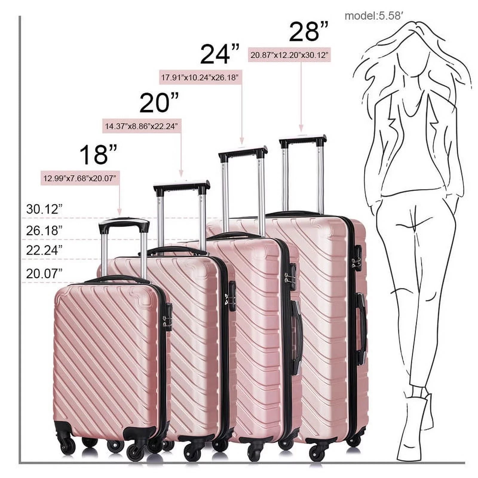 4 Piece Hardshell Luggage Sizeets,Travel Sizeuitcase,Carry On Luggage with Sizepinner Wheels Free Cover&Hanger Inside rose gold