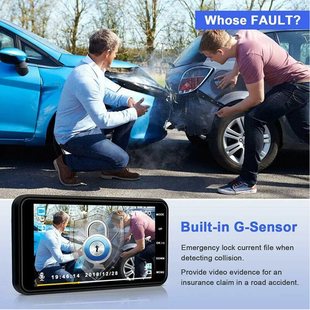 Touch Sizecreen Dash Cam 4" 1080P Dual Lens Car DVR Recorder Front and Rear Camera