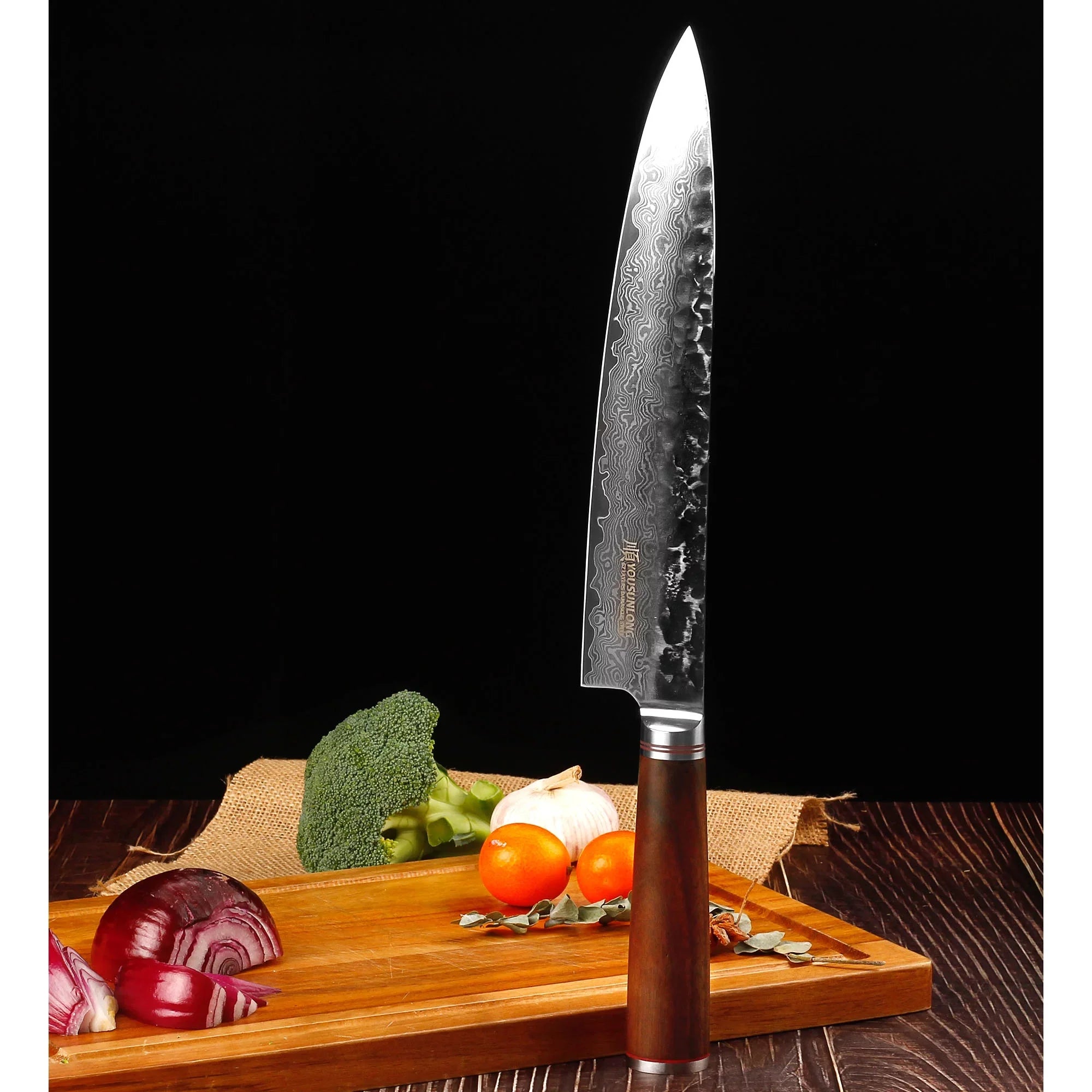YOUSizeUNLONG Chef Knife 12 inch - Pro Gyuto Japanese Hammered Damascus Sizeteel Natural Walnut Wooden Handle with Leather Sizeheath