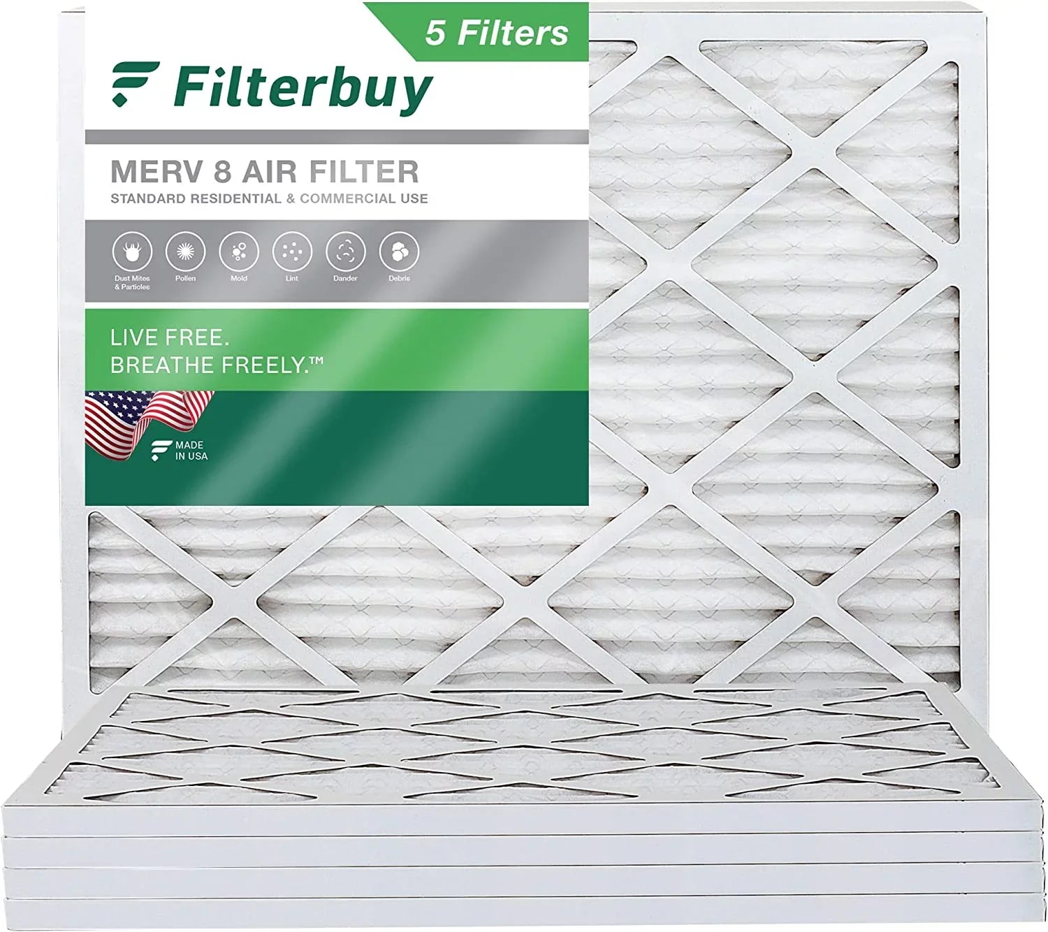 Filterbuy 15x20x1 MERV 8 Pleated HVAC AC Furnace Air Filters (5-Pack)