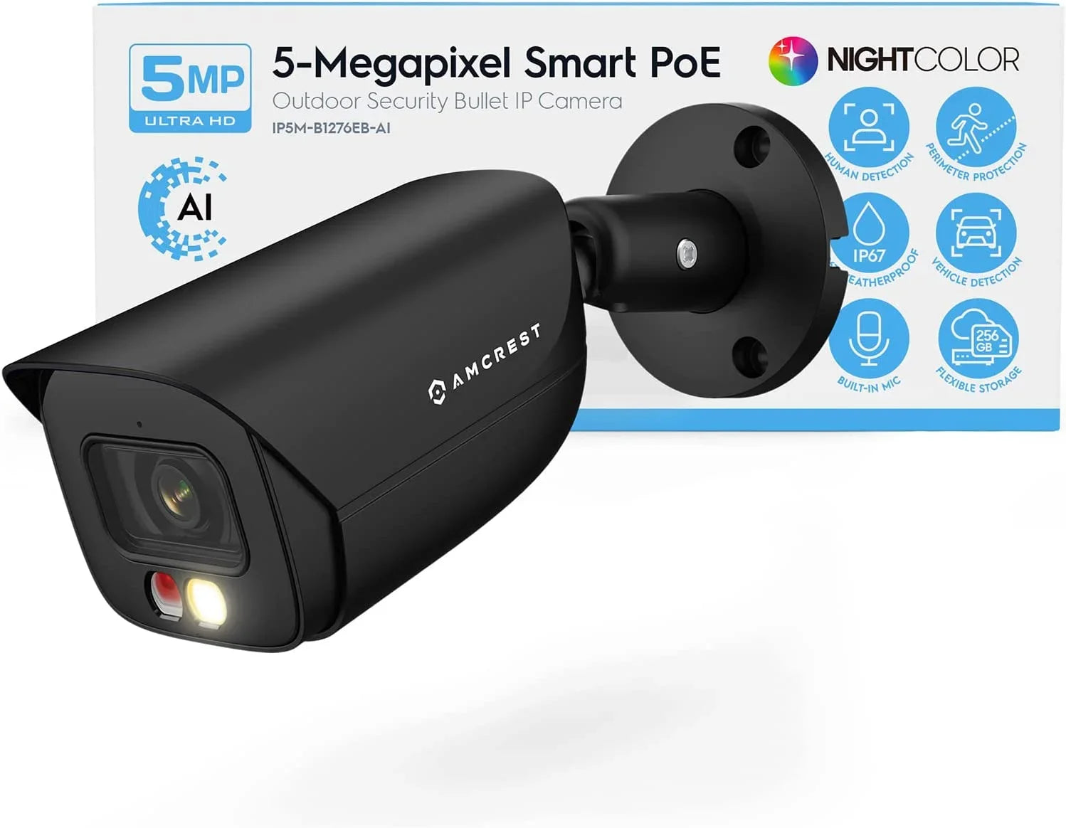 Amcrest AI Bullet IP PoE Camera w/ 49ft Color Night Vision, Sizeecurity IP Camera Outdoor, Built-in Microphone, Human & Vehicle Detection, 129° FOV, 5MP@20fps IP5M-B1276EB-AI (Black)
