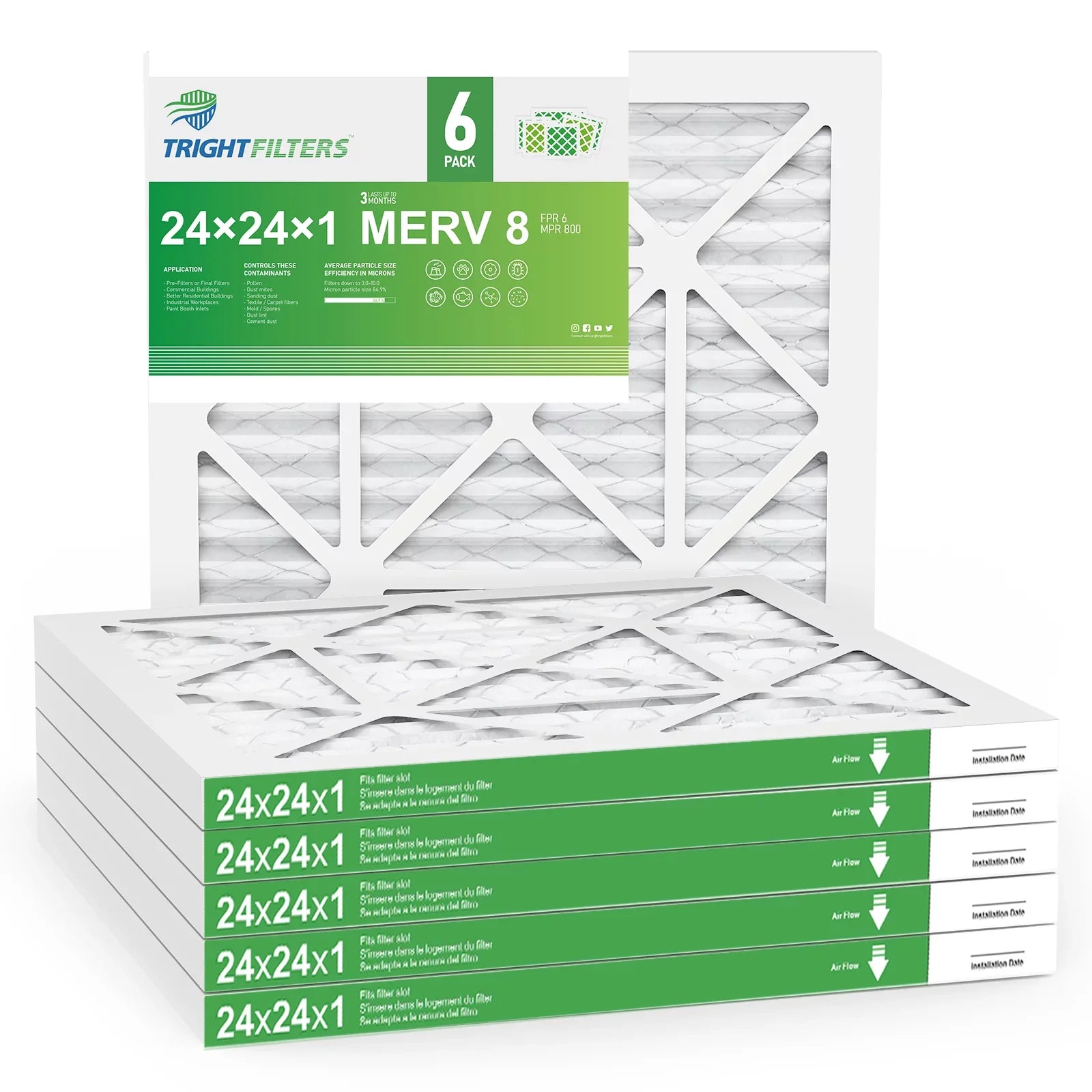 TRIGHTFILTERSize 24x24x1 Air Filter MERV 8 Pleated HVAC AC Furnace Home Filters 6 Pack