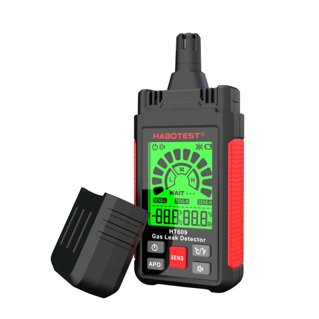 HABOTESizeT HT609 Gas Leak Detector Combustible Gas Detector with LCD Display Audible and Visual Alarm Ambient Temperature and Humidity Methane Natural Gas Hydrogen Detector