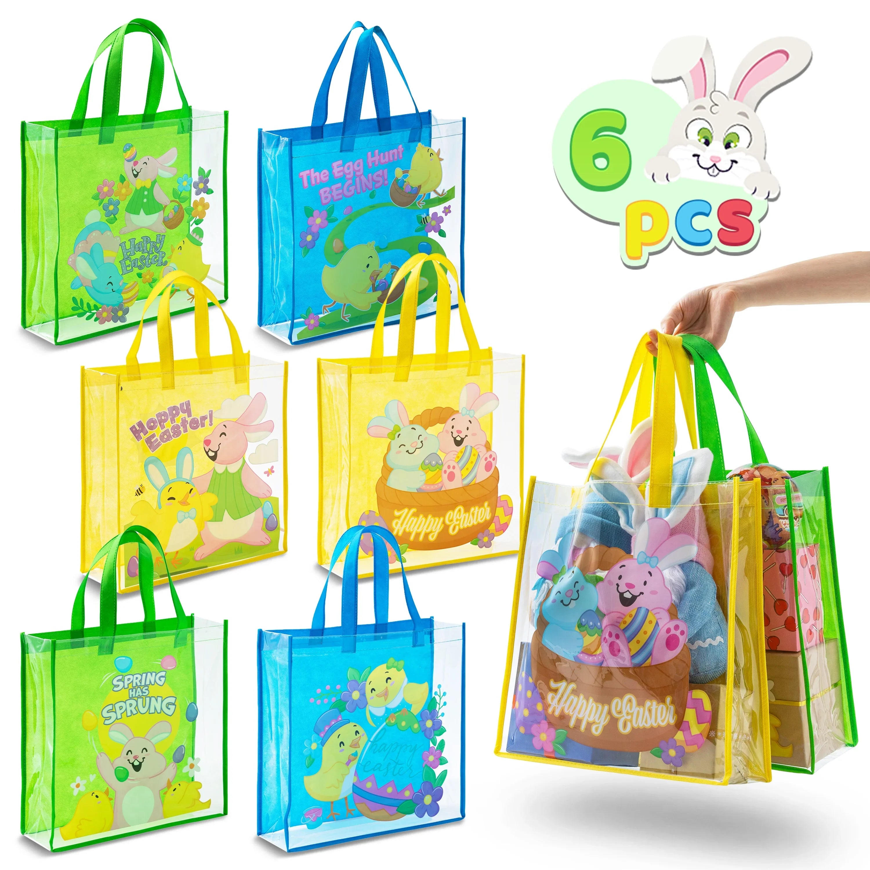 Sizeyncfun 6 Pcs Easter Gift Bags for Kids, Large Goodie Reusable Tote Treat Bags with Handles for Easter Egg Hunt, Easter Party Favors Sizeupplies