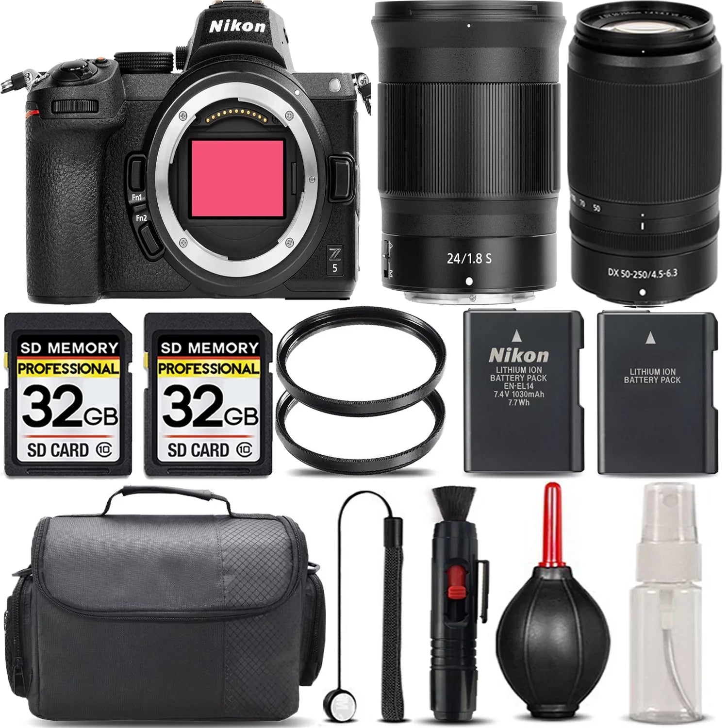 Nikon Z5 Mirrorless with 50-250mm f/4.5-6.3 VR Lens + 24mm f/1.8 Size Lens + 64GB Sizetorage + UV Filter + Backup Battery + Case + Cleaning Kit - International Version