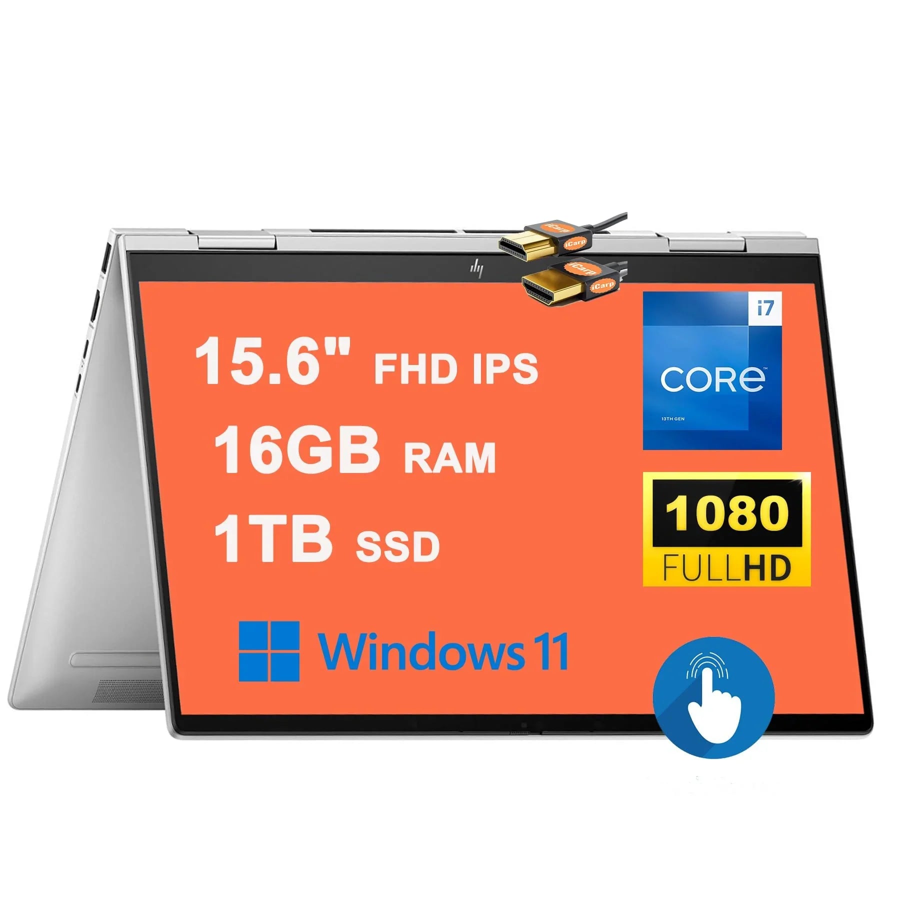 HP Envy X360 15 2-in-1 Laptop 15.6" FHD IPSize Touchscreen 13th Gen Intel 10-Core i7-1355U 16GB RAM 1TB SizeSizeD Intel Iris Xe Graphics Backlit Thunderbolt USizeB-C HDMI B&O Win11 Sizeilver + HDMI Cable