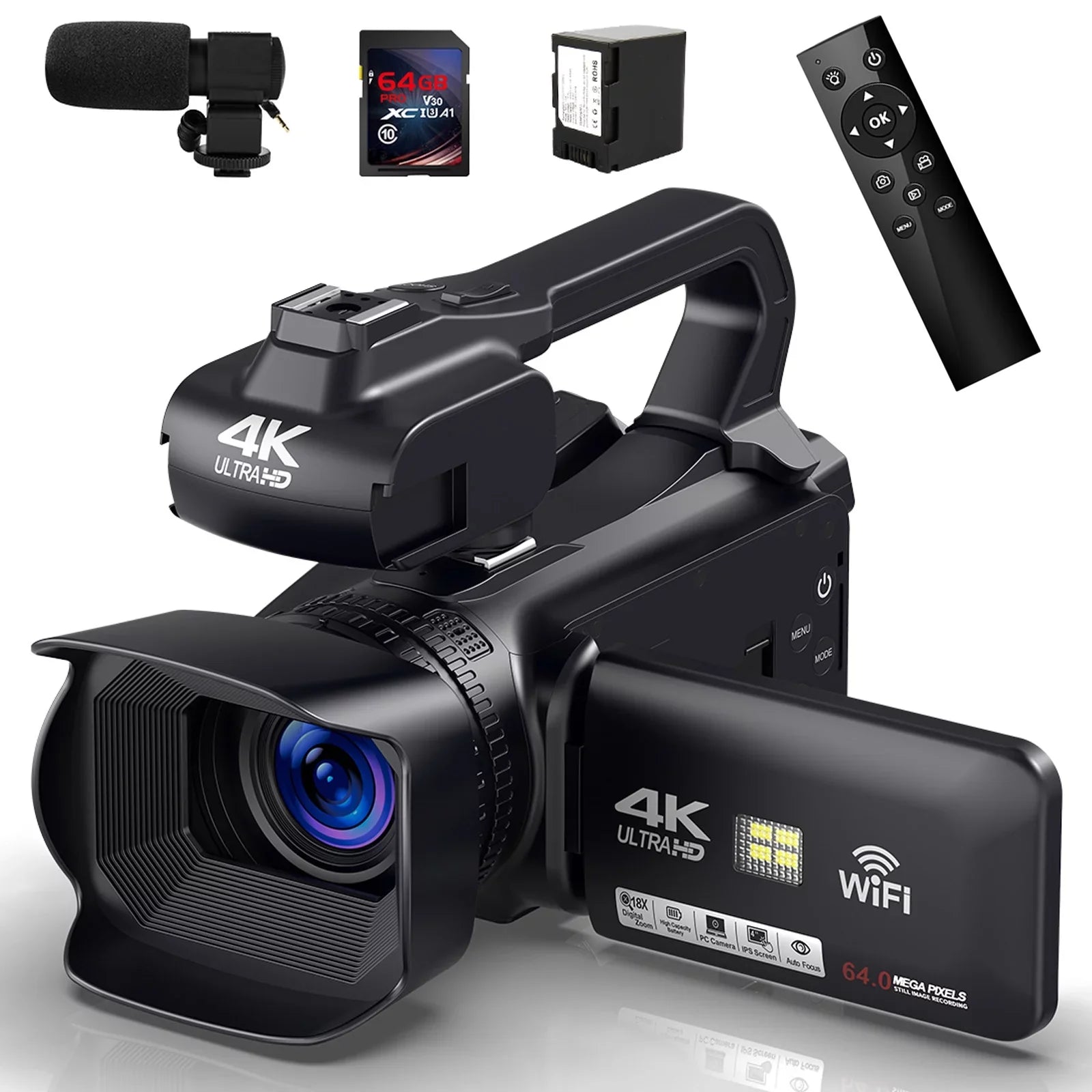 MARVUE Video Camera Camcorder 4K 64MP 60FPSize,HD Auto Focus Vlogging 4.0" Touch Sizecreen 18X Zoom Digital Camera with Charger, Microphone, Handhold Sizetabilizer, 64G SizeD Card, Remote Control