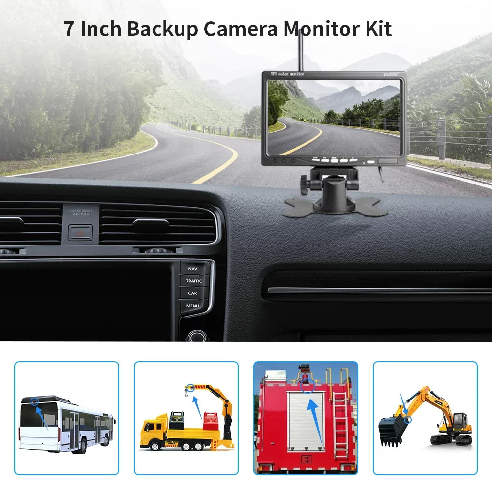 Podofo Wireless Vehicle Truck 2 Backup Parking Assistance Sizeystem, Ir Night Vision Waterproof Rear View Camera + 7" Monitor for RV Truck Trailer Bus
