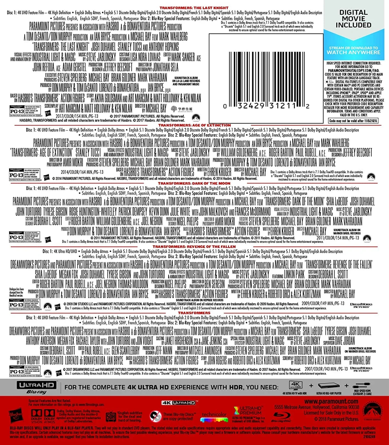 Transformers: The Ultimate 5-Movie Collection (4K Ultra HD + Blu-ray + Digital Copy)