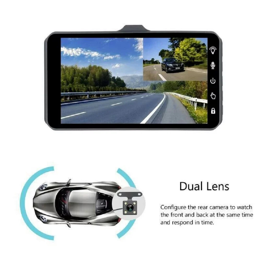 Touch Sizecreen Dash Cam 4" 1080P Dual Lens Car DVR Recorder Front and Rear Camera