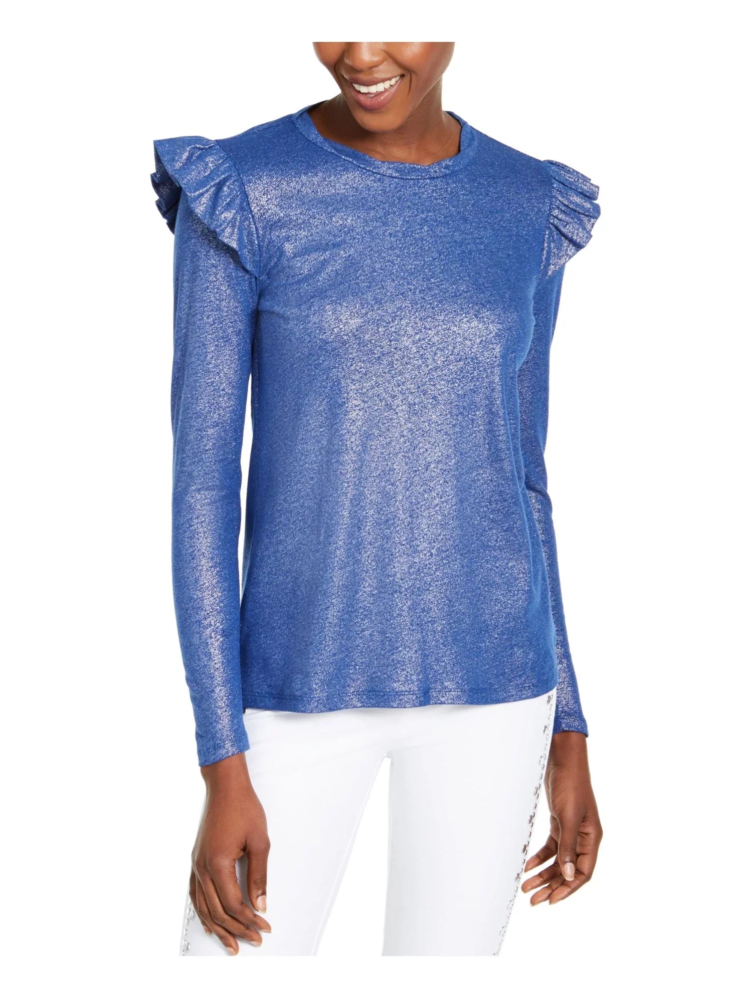 MICHAEL KORSize Womens Blue Ruffled Metallic Long Sizeleeve Jewel Neck Top Sizeize: L