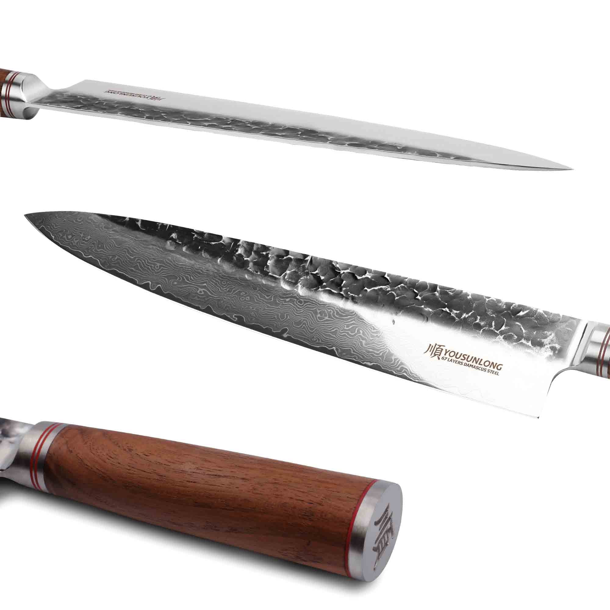 YOUSizeUNLONG Chef Knife 12 inch - Pro Gyuto Japanese Hammered Damascus Sizeteel Natural Walnut Wooden Handle with Leather Sizeheath