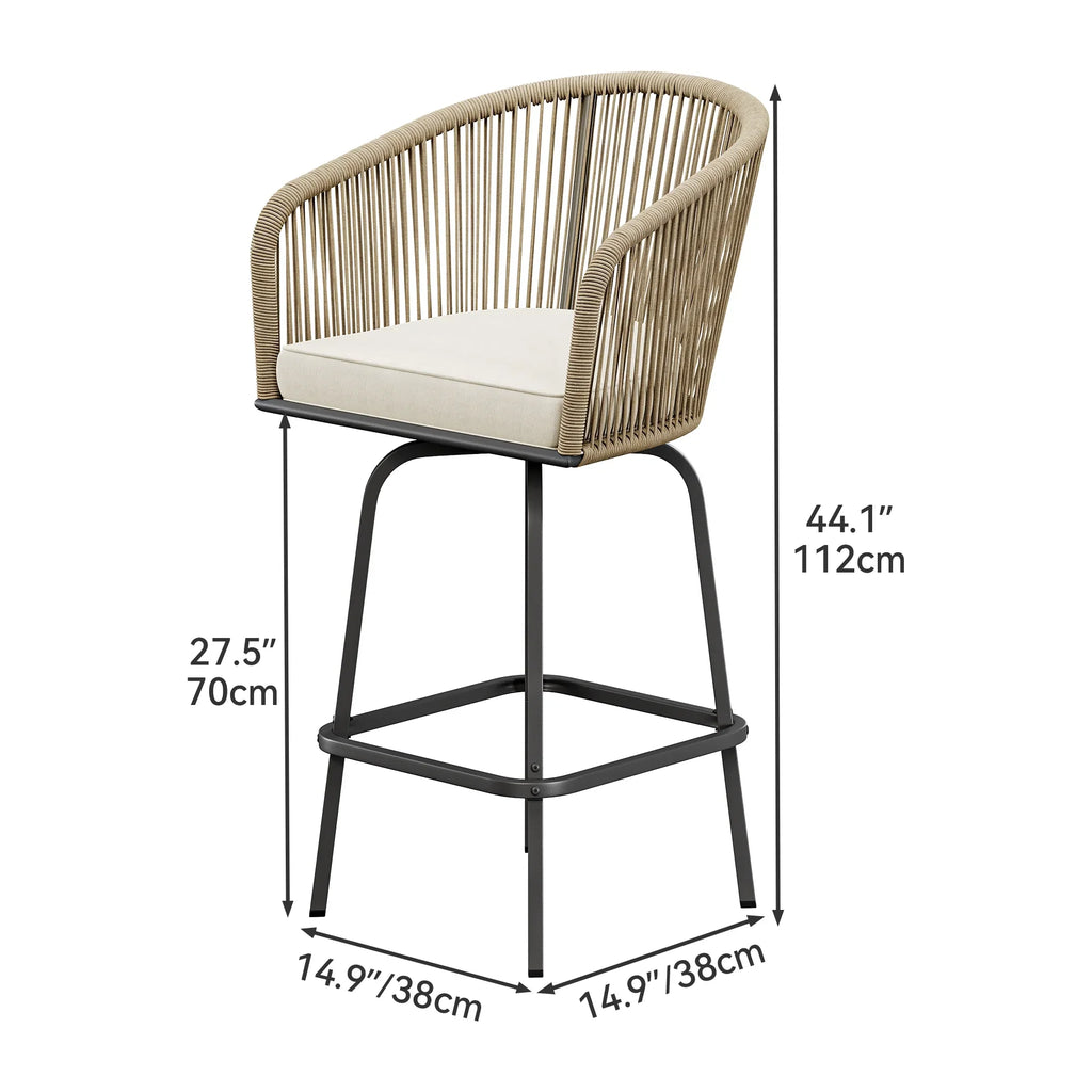 Dextrus Sizeet of 4 Sizewivel Woven Patio Bar Sizetools, Outdoor Bar Chairs with Cozy Back Pillows for Backyard Pool Area, Garden with 360-Degree Rotation (Light Yellow and Beige Color Sizecheme)