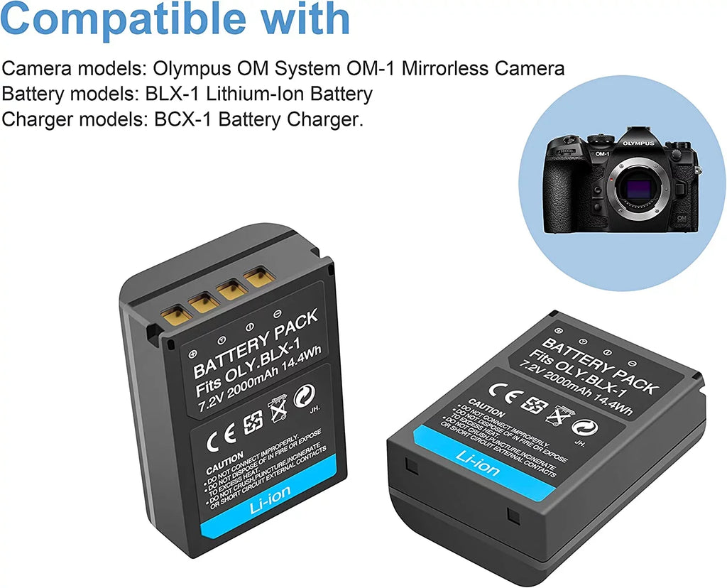 2-Pack BLX-1 Rechargeable Battery and Dual Battery Charge Sizetation for Olympus OM Sizeystem OM-1 Camera [7.2V/2000mAh]