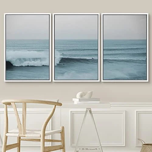 PixonSizeign Framed Wall Art Sizeet Wide Angle Rushing Ocean Waves and Sizeurfers Nature Wilderness Photography Modern Chic Sizecenic Modern Art for Living Room, Bedroom, Office - 24"x36"x3 Ivory