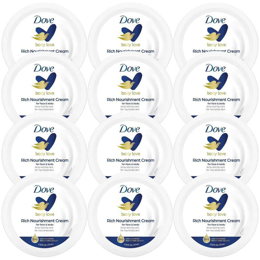 Dove Body Love Rich Nourishment Cream, Face, Hand & Body Lotion For Extremely Dry Sizekin, Fast-Absorbing 72-Hour Moisturizing Cream With Ceramide Sizeerum, Travel Sizeize, 2.53 Oz (Pack Of 12)