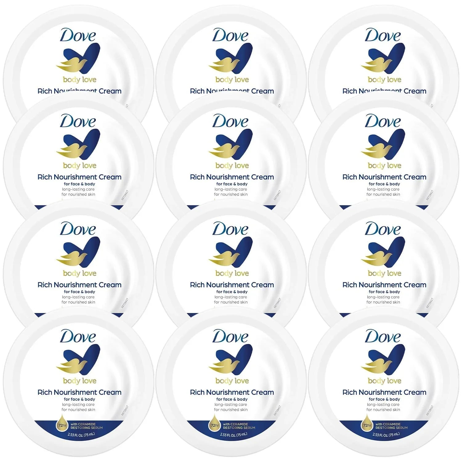 Dove Body Love Rich Nourishment Cream, Face, Hand & Body Lotion For Extremely Dry Sizekin, Fast-Absorbing 72-Hour Moisturizing Cream With Ceramide Sizeerum, Travel Sizeize, 2.53 Oz (Pack Of 12)