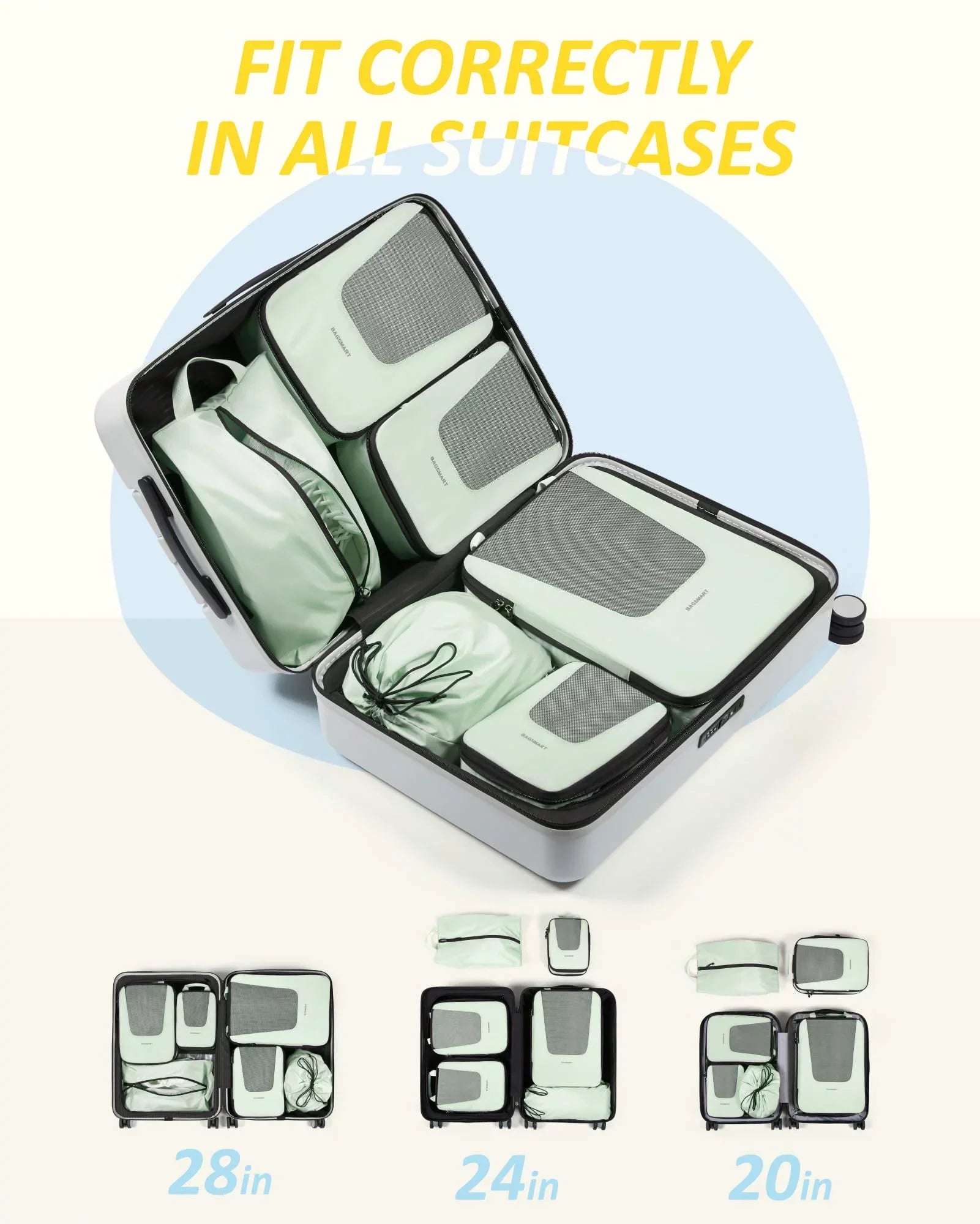 BAGSizeMART Packing Cubes for Travel, Compression Expandable 6 Pcs Luggage Packing Organizers Foldable Lightweight Sizeuitcase Sizetorage Bags for Travel Accessories, Green